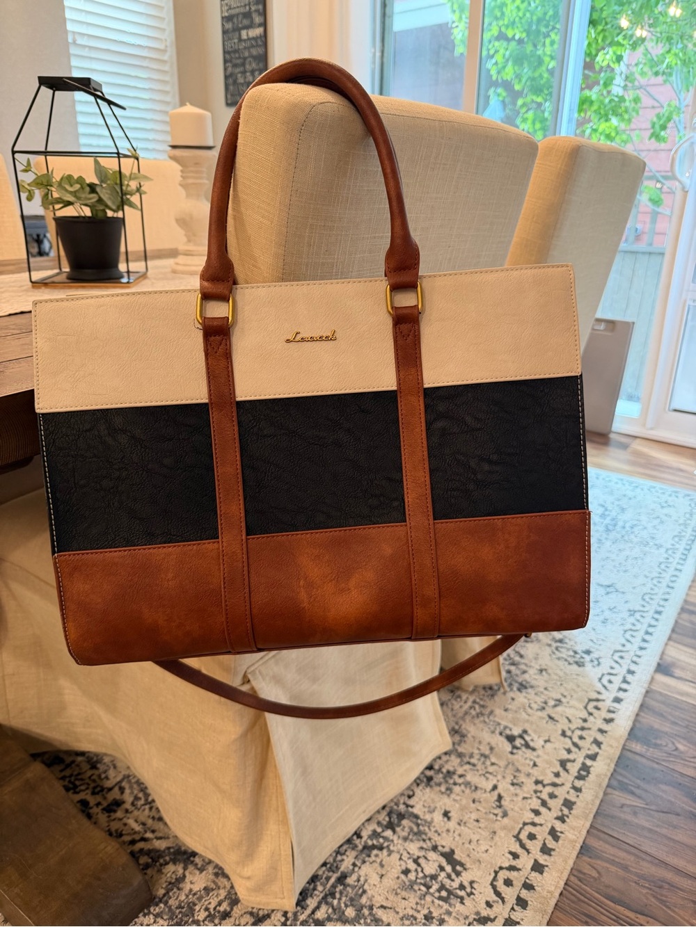 Layered Three-Tone Tote Bag in Cream, Black & Brown